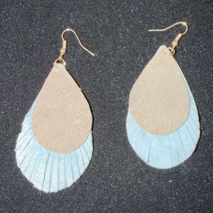 Elegant Blue and Gray Leather Feather Earrings